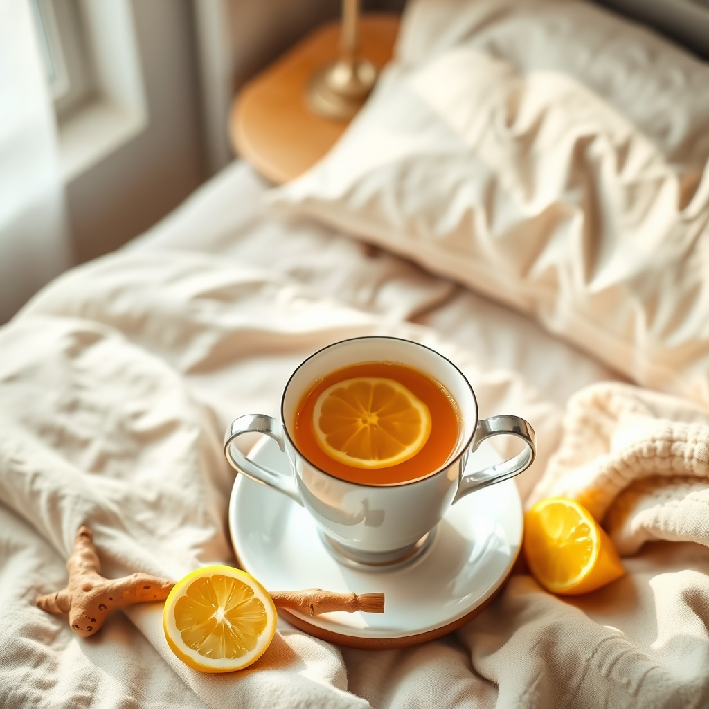 A soothing cup of ginger tea with lemon and honey on a wooden nightstand, soft morning light