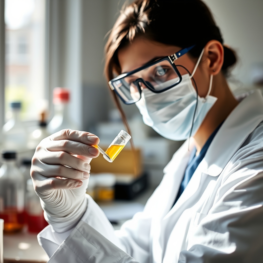 Close‑up of a lab technician pipetting serum into a vial for PAPP‑A and free β‑hCG analysis, soft daylight in a clinical lab