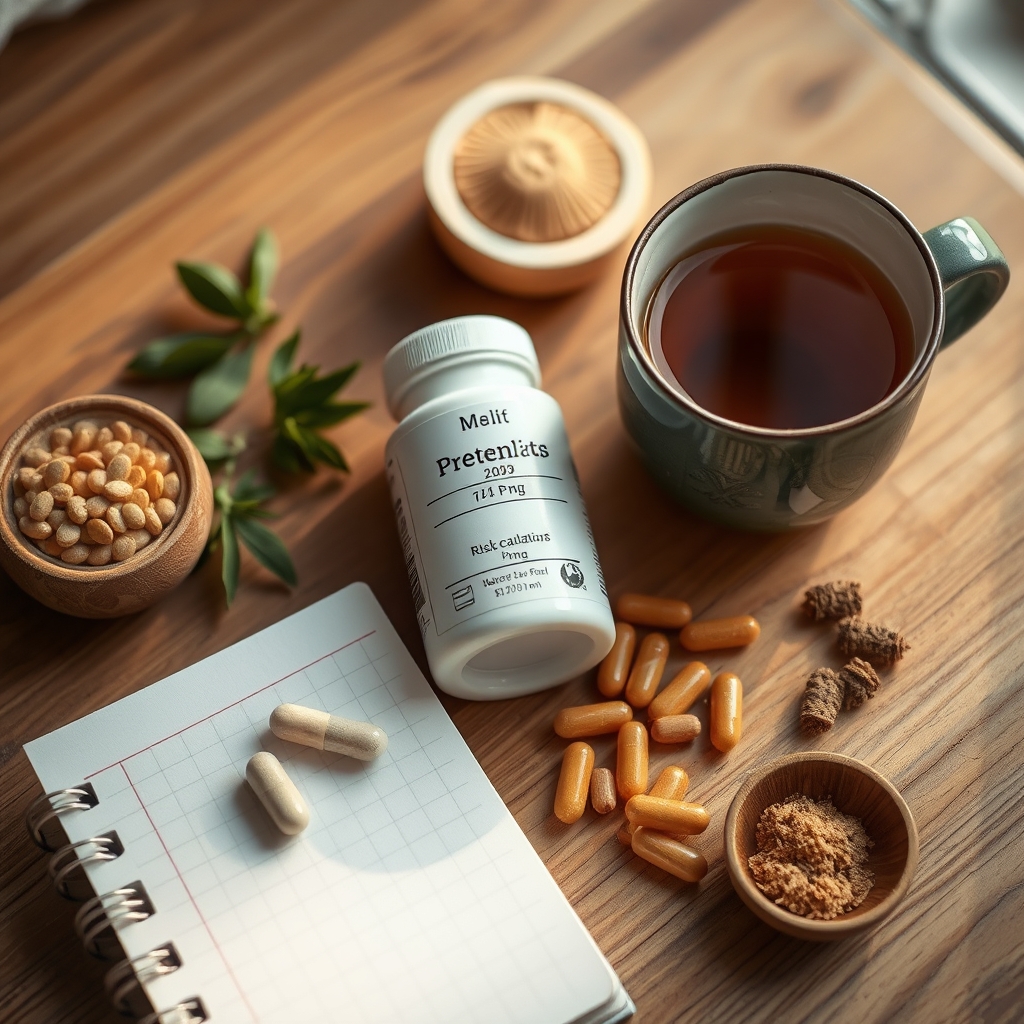 Soft‑focus flat‑lay of prenatal vitamins, a notebook with a risk calculation, and a cup of herbal tea on a wooden table, warm morning light
