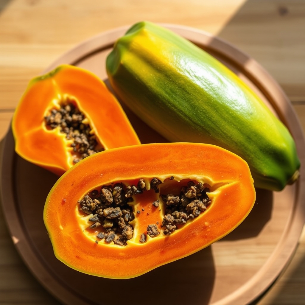 Freshly sliced orange papaya on a wooden cutting board, bright natural light, seeds visible, vibrant colors, photorealistic