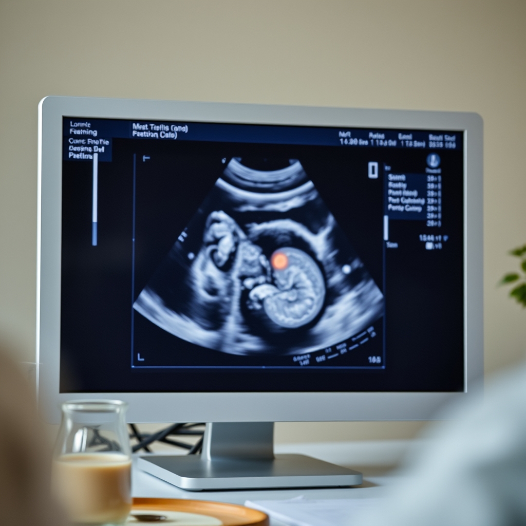 Close‑up of a fetal ultrasound image on a computer monitor, showing the spinal column and brain ventricles, soft lighting in a clinical setting, high detail