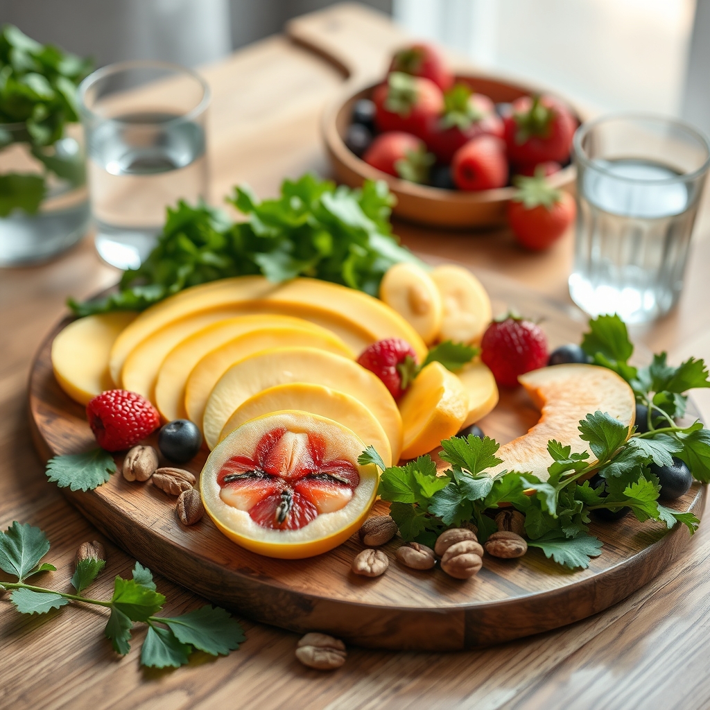 Colorful assortment of nutritious foods—fresh fruit, leafy greens, nuts, and a glass of water, arranged on a wooden cutting board, bright natural lighting