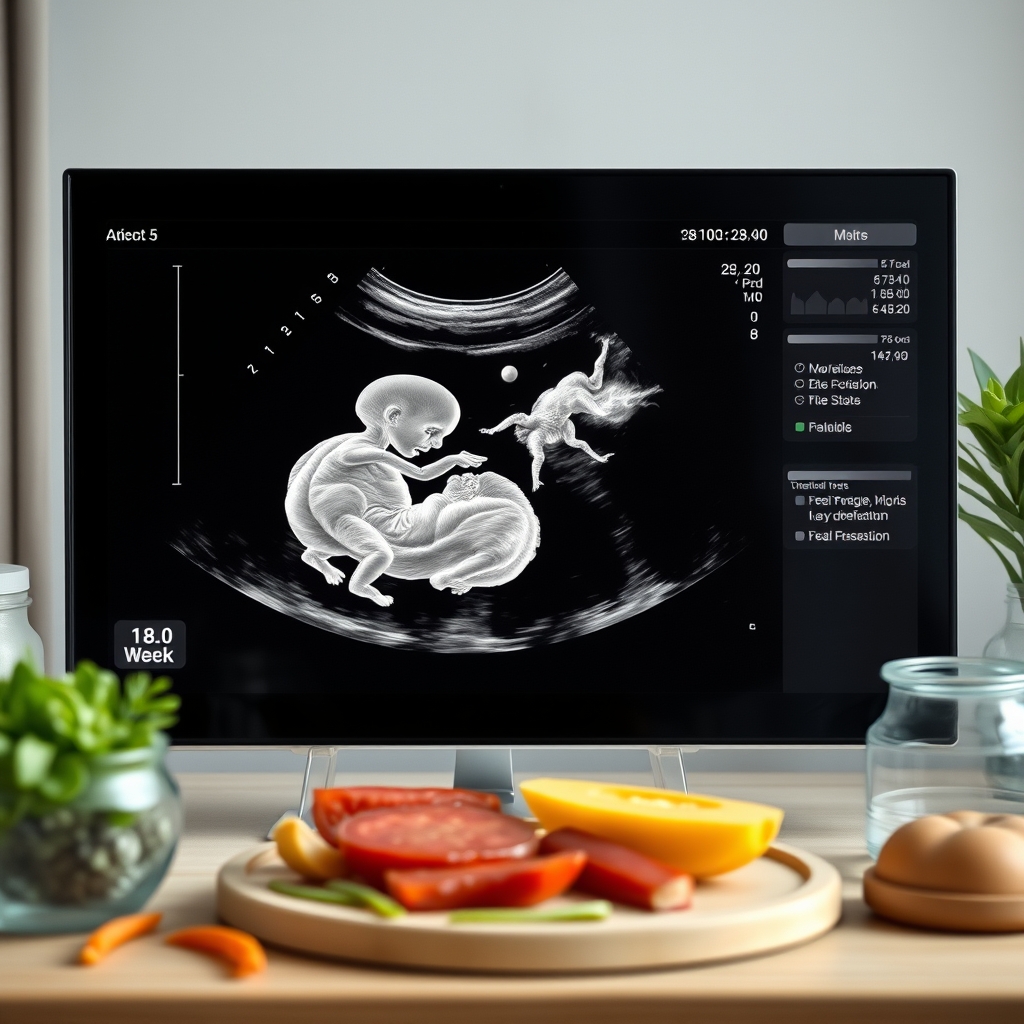 Soft-focus ultrasound image of a 18‑week fetus, showing clear head and spine, with gentle lighting highlighting the contours