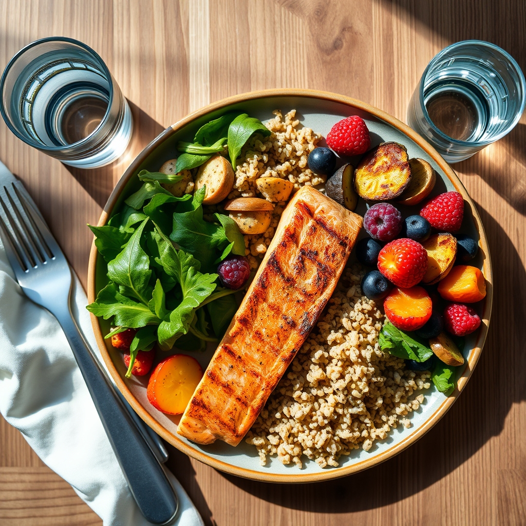 A colorful plate of pregnancy-safe foods including salmon, quinoa, leafy greens, and berries