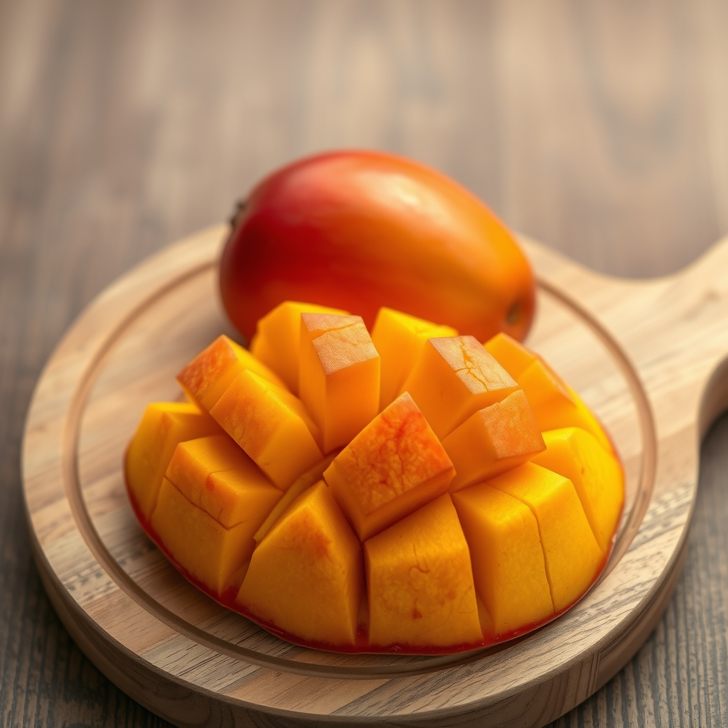 A fresh mango sliced in half, placed on a wooden cutting board with a soft morning light highlighting its golden flesh