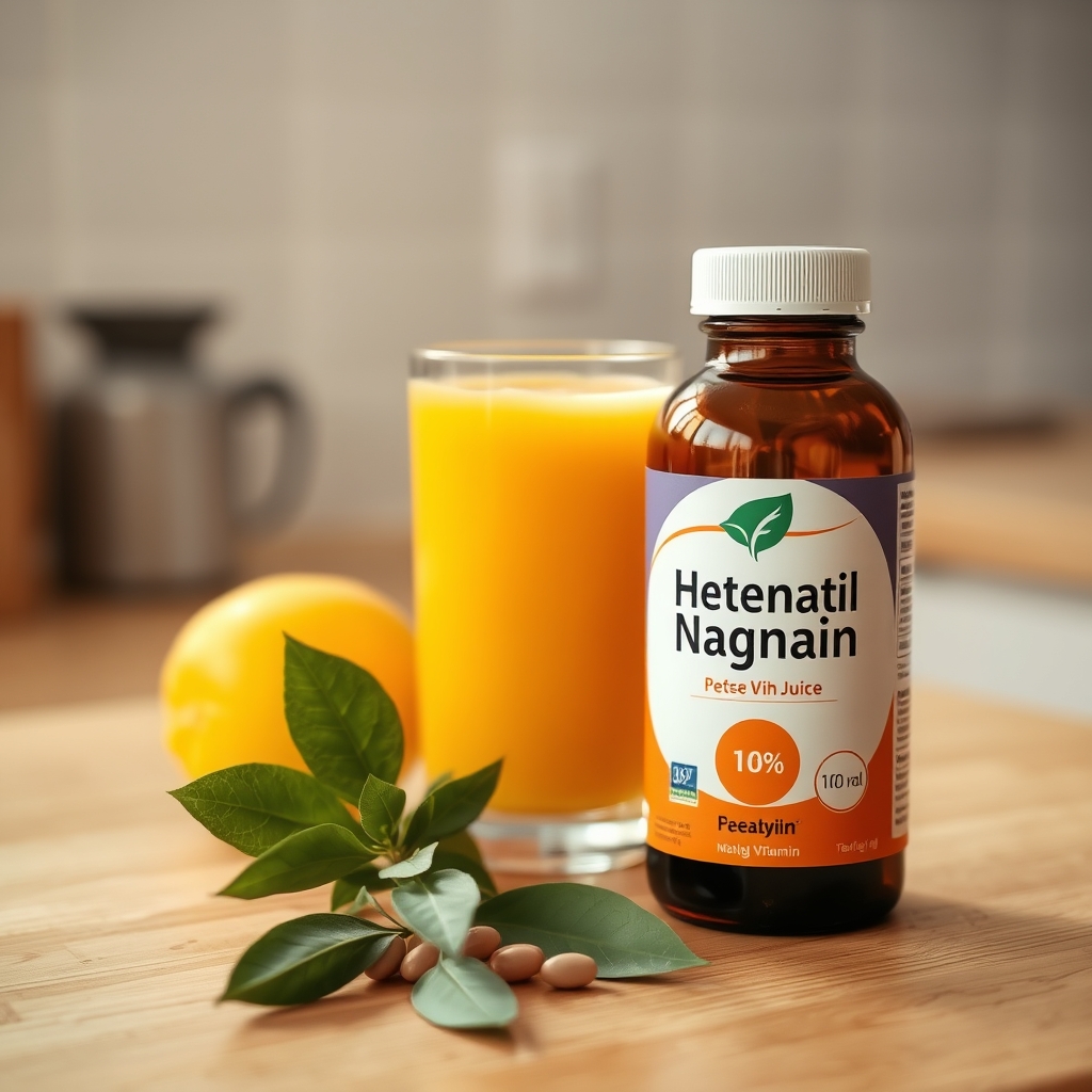 Close‑up of a bottle of prenatal vitamins beside a glass of orange juice on a wooden countertop, warm natural light highlighting the label