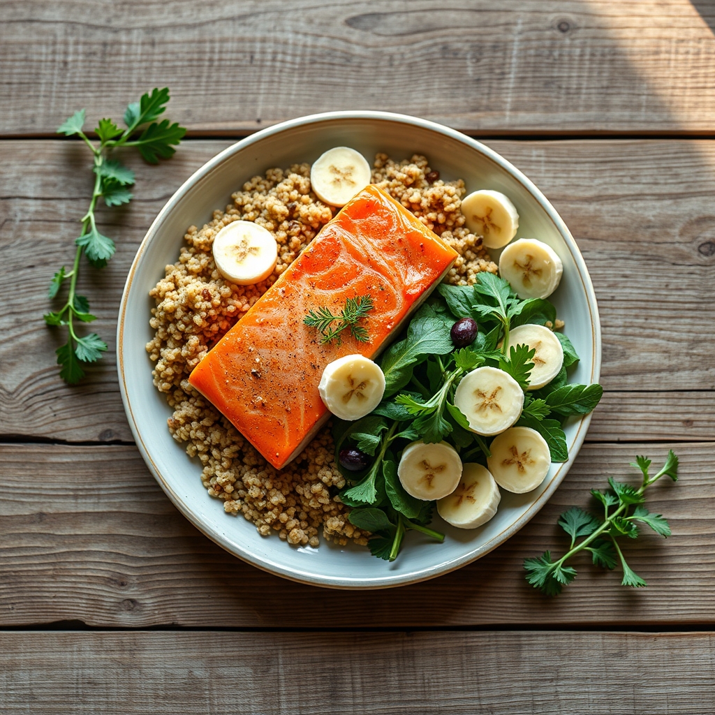 A colorful plate with salmon, leafy greens, quinoa, and fresh fruit, illustrating a balanced pregnancy meal