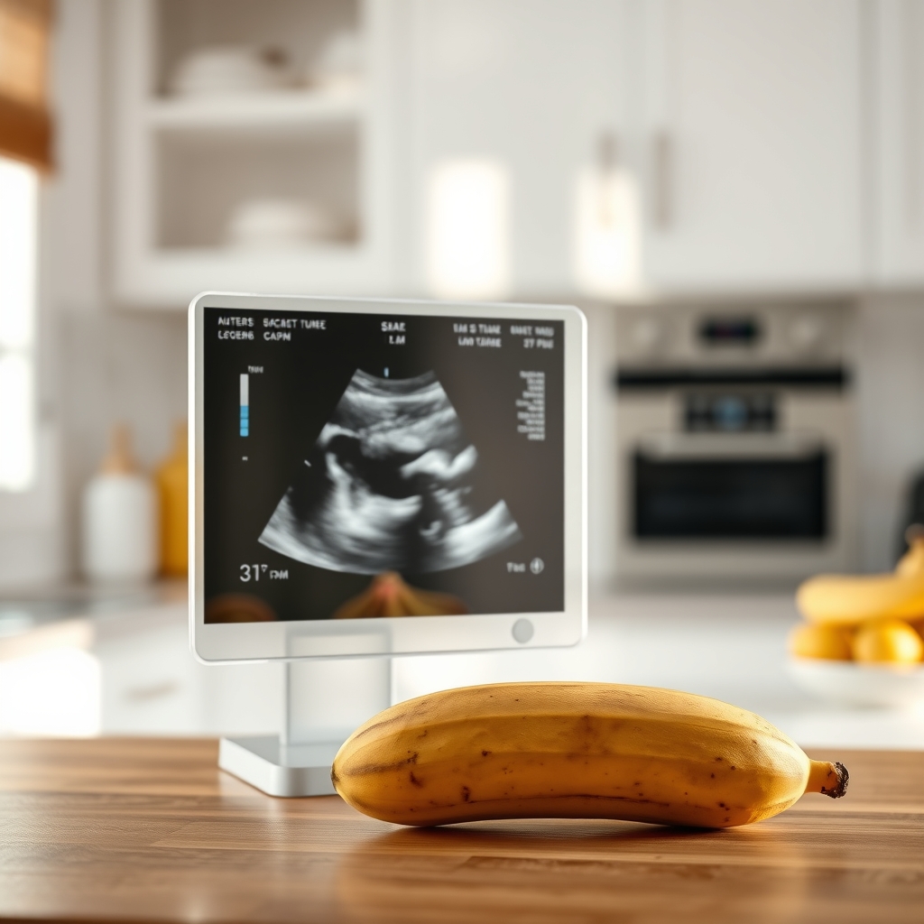 Close‑up of a ripe banana beside a soft‑focus ultrasound image, illustrating fetal size at 21 weeks