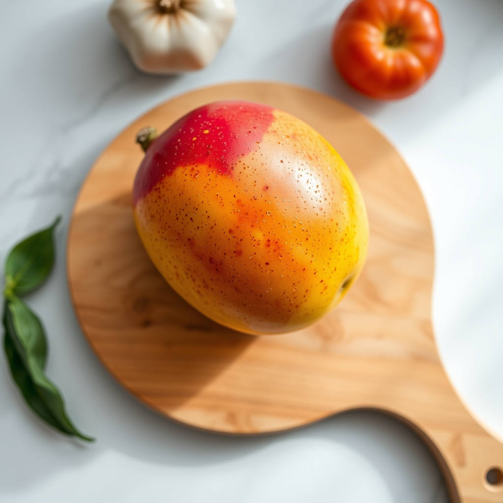 Close‑up of a ripe mango on a wooden cutting board, bright natural light highlighting its smooth skin, with a small ruler for scale