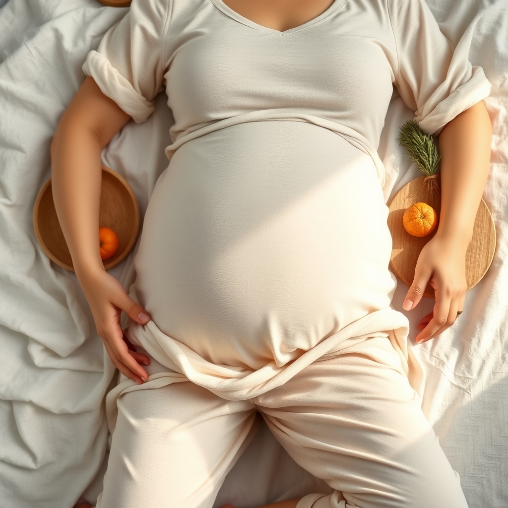Comfortable maternity outfit laid out on a soft linen blanket, pastel colors, natural window light, high‑detail photography