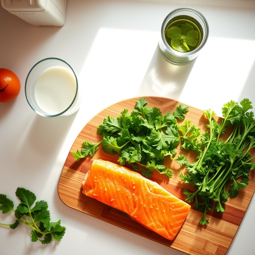A bright kitchen counter displaying a bowl of leafy greens, a plate of salmon, and a glass of fortified milk, illustrating nutrient‑rich foods for pregnancy