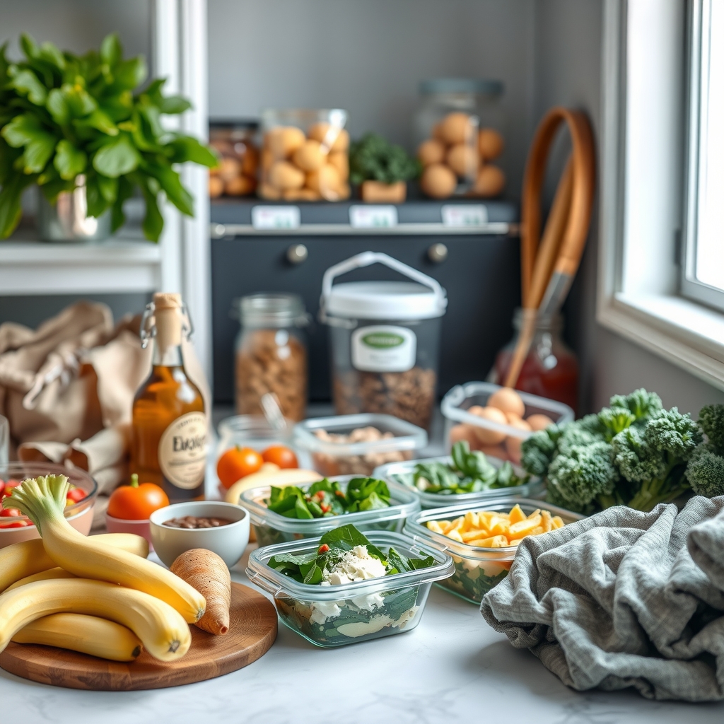 A kitchen table with a spread of budget-friendly ingredients: rice, beans, eggs, frozen vegetables, and canned tomatoes.