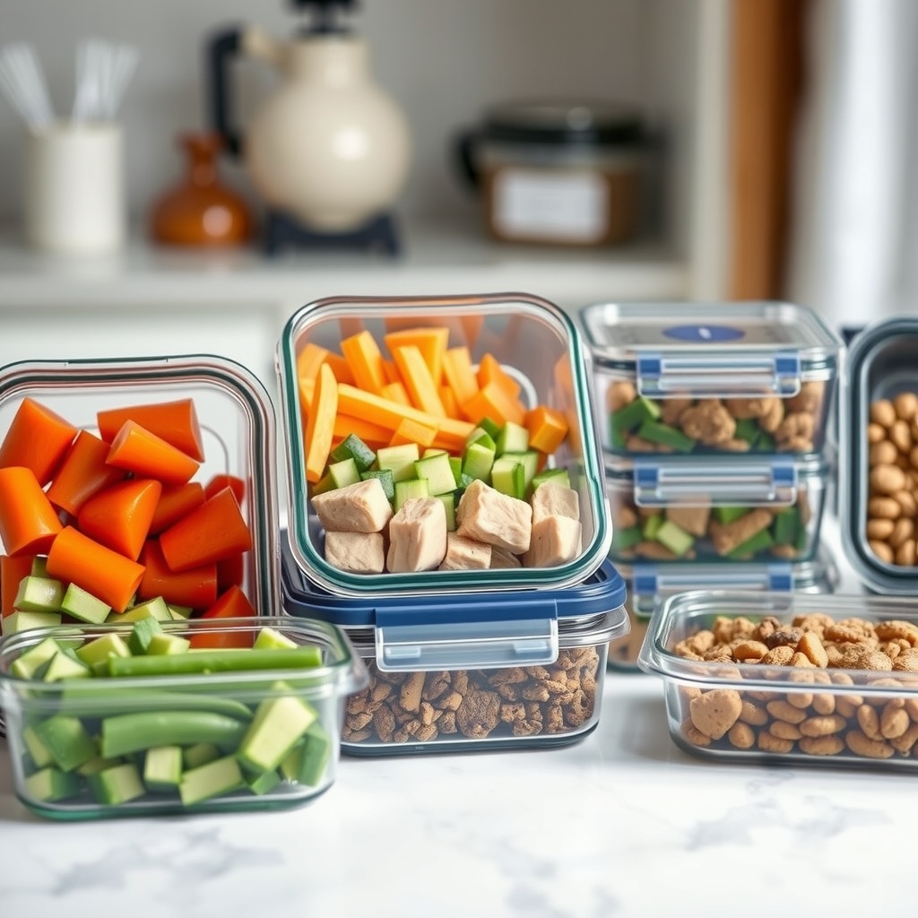 A kitchen counter with labeled containers of prepped ingredients: chopped vegetables, cooked chicken, and portioned snacks.