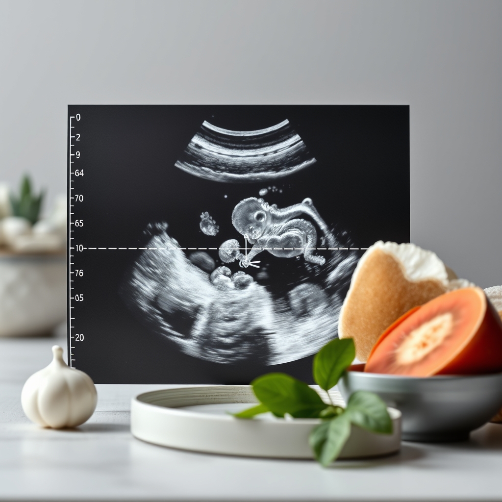 Ultrasound screen showing a 32-week fetus with measured crown-to-heel length and head circumference, displayed in millimeters