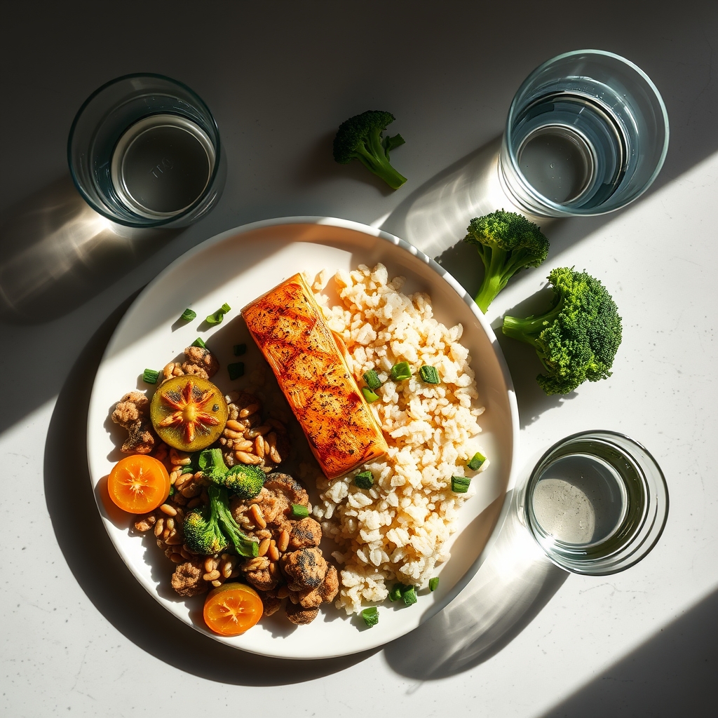 A colorful plate with grilled salmon, quinoa, steamed broccoli, and a glass of water, representing a balanced third‑trimester meal