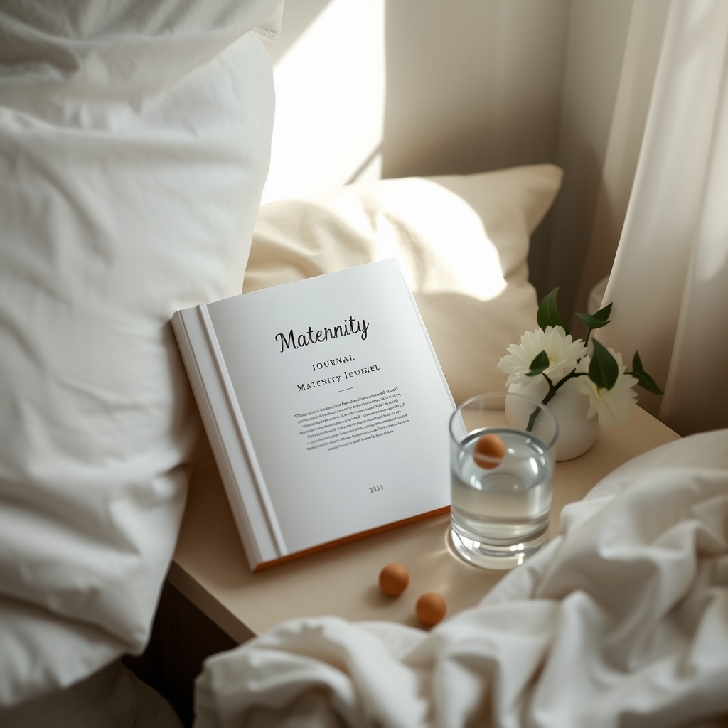 A soft, pastel-colored maternity journal open on a nightstand beside a glass of water, representing a calm bedtime routine for monitoring pregnancy progress