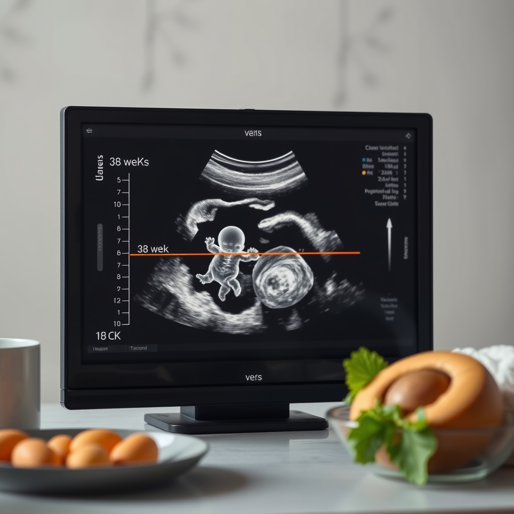 Ultrasound image of a 38-week fetus showing a full head, abdomen, and limbs, with measurement annotations in centimeters and milliliters
