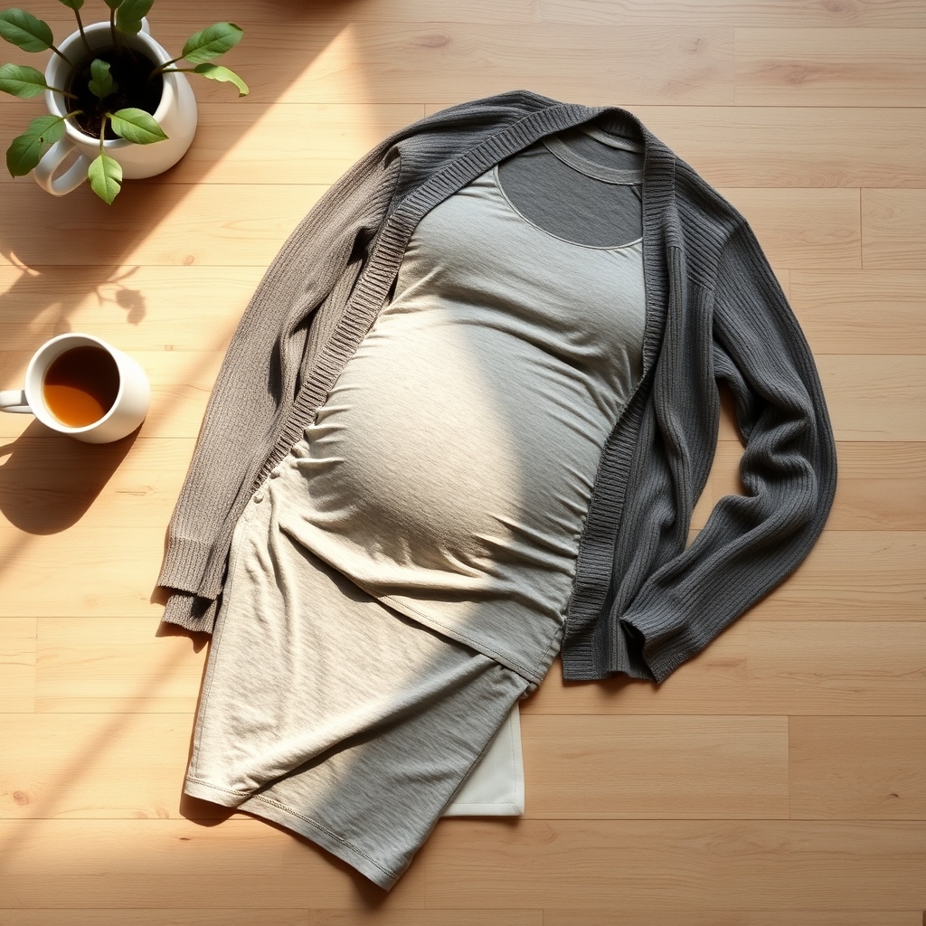 Maternity outfit showcase: a stretchy empire‑waist dress paired with a soft cardigan, natural light, flat‑lay on a wooden table with a coffee mug and a small potted plant