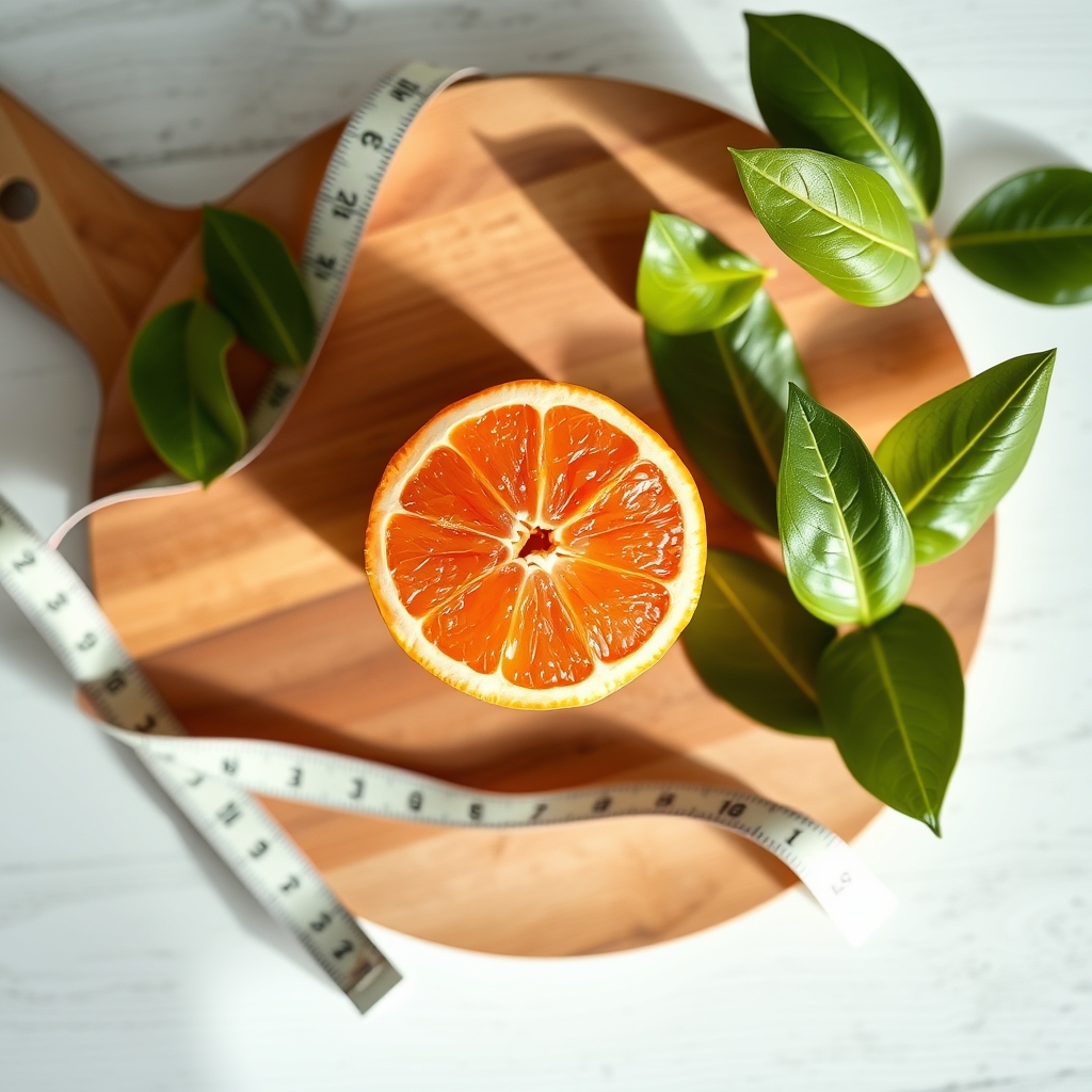A small grapefruit next to a soft measuring tape showing 34 centimeters, bright kitchen counter