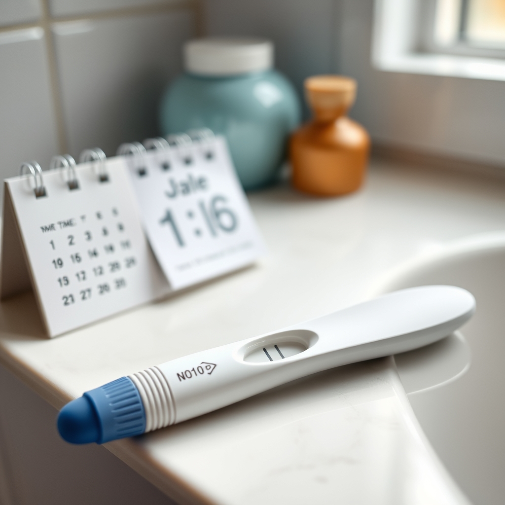 A positive home pregnancy test stick lying on a bathroom counter next to a small calendar opened to a date, soft morning light, clean, bright setting, photorealistic, high detail