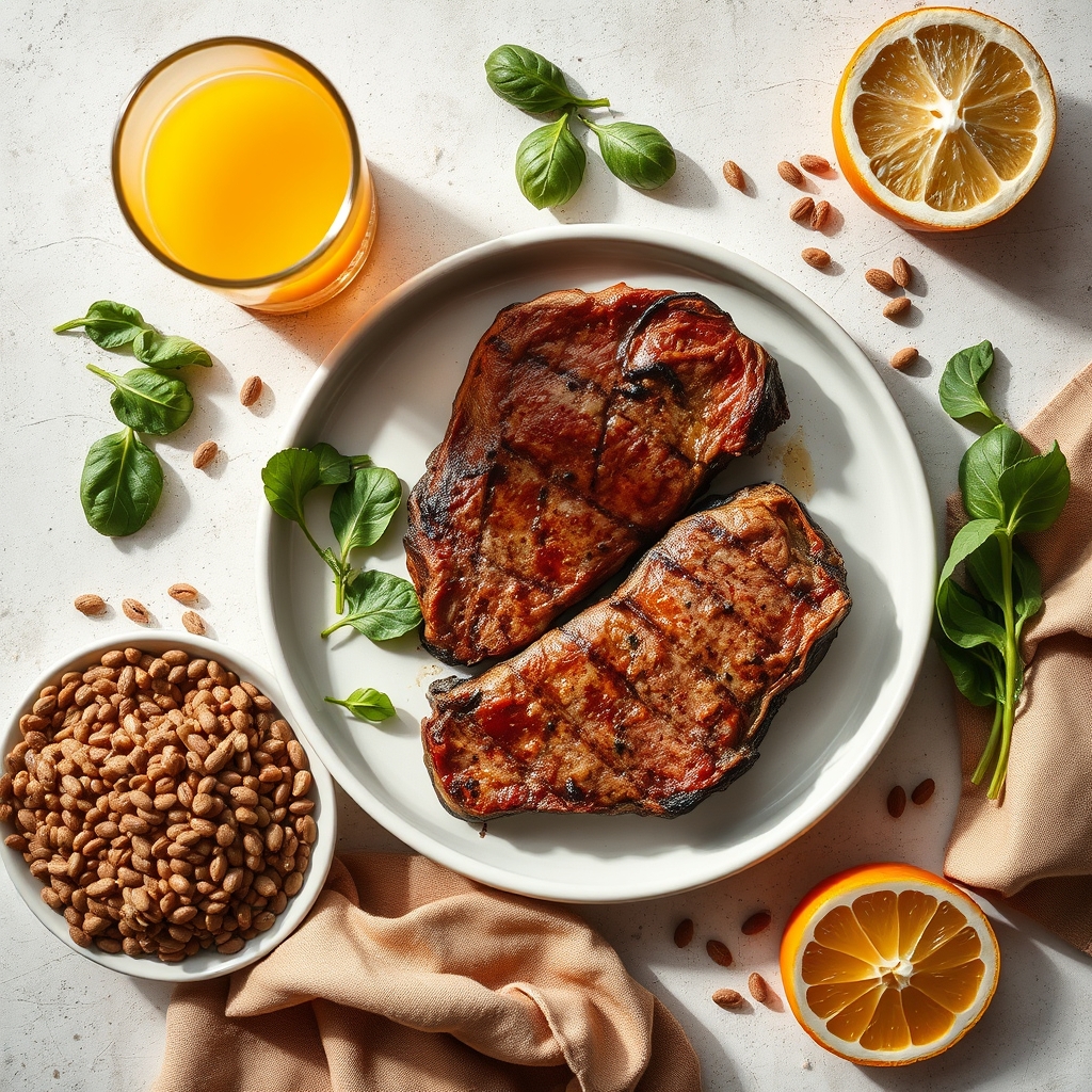 A bright, colorful plate of iron‑rich foods: steak, spinach, lentils, and a glass of fortified orange juice, photographed on a wooden table