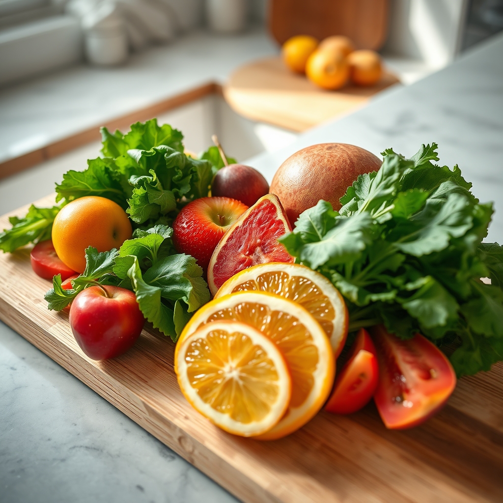 Fresh fruit, leafy greens, and a glass of water arranged on a wooden kitchen counter, illustrating a healthy pregnancy snack