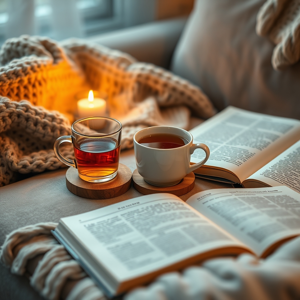 A warm mug of herbal tea with a book and a cozy blanket on a sofa, suggesting relaxation