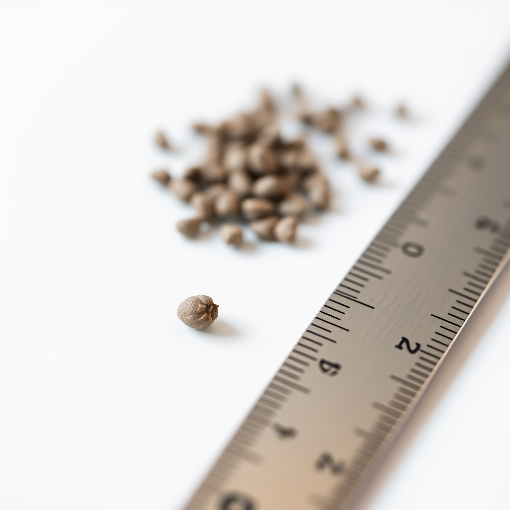 Close‑up of a poppy seed next to a ruler, illustrating the approximate size of a five‑week embryo