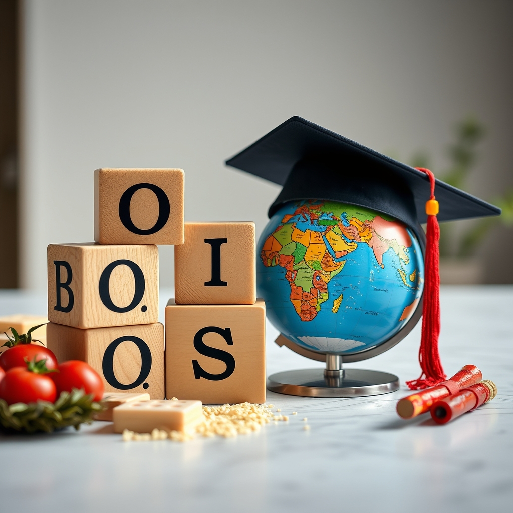 A colorful stack of children's building blocks next to a small globe and a graduation cap, representing educational journey from early years to higher education.