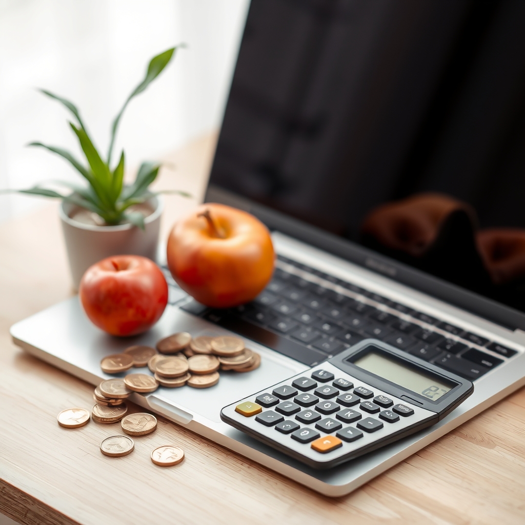 A laptop open to a financial planning website, with a calculator, a small stack of coins, and a plant on a tidy desk, representing thoughtful financial decisions.
