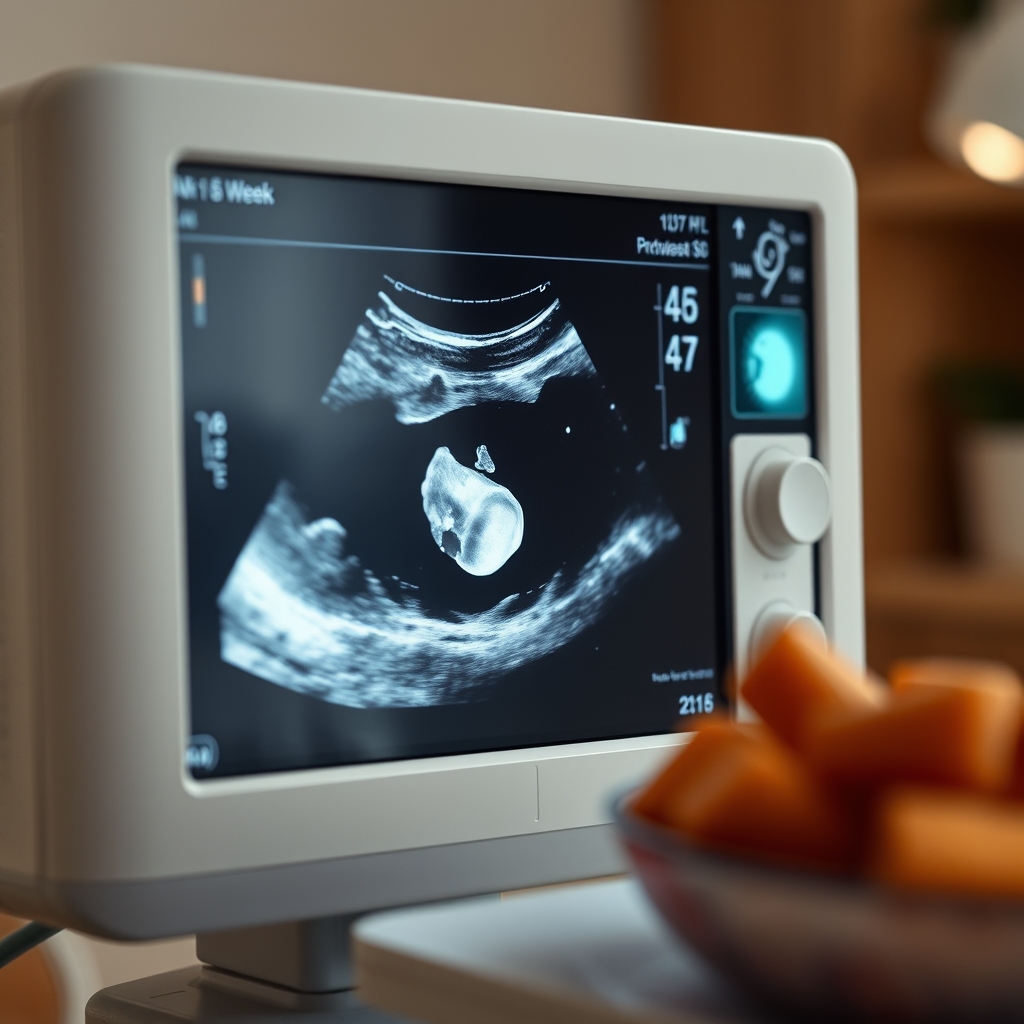 Transvaginal ultrasound image showing a six‑week embryo as a tiny bright spot with a faint heartbeat flicker, surrounded by fluid in the gestational sac