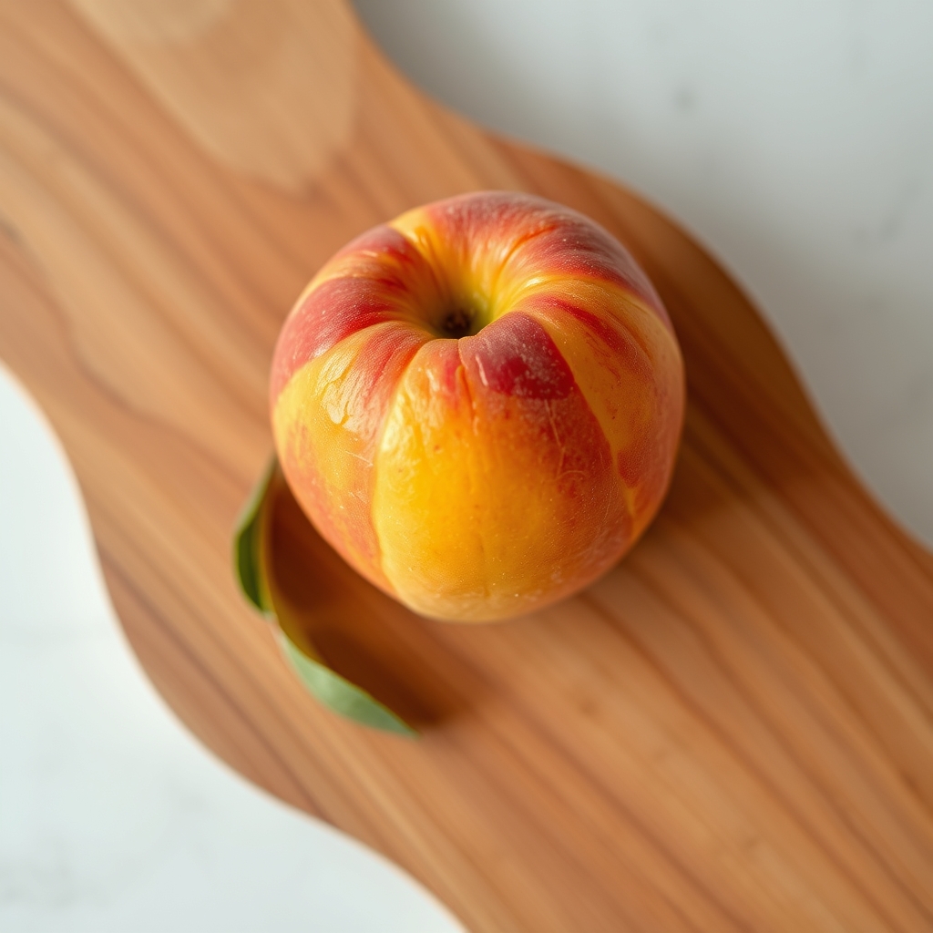 Close‑up of a ripe peach compared to a flat abdomen, both photographed on a wooden board with soft natural light, highlighting the gentle curve of the peach