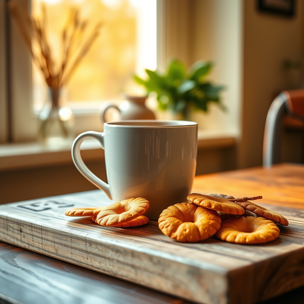 A steaming mug of ginger tea beside a small plate of plain crackers, set on a wooden table with soft morning light filtering through a window