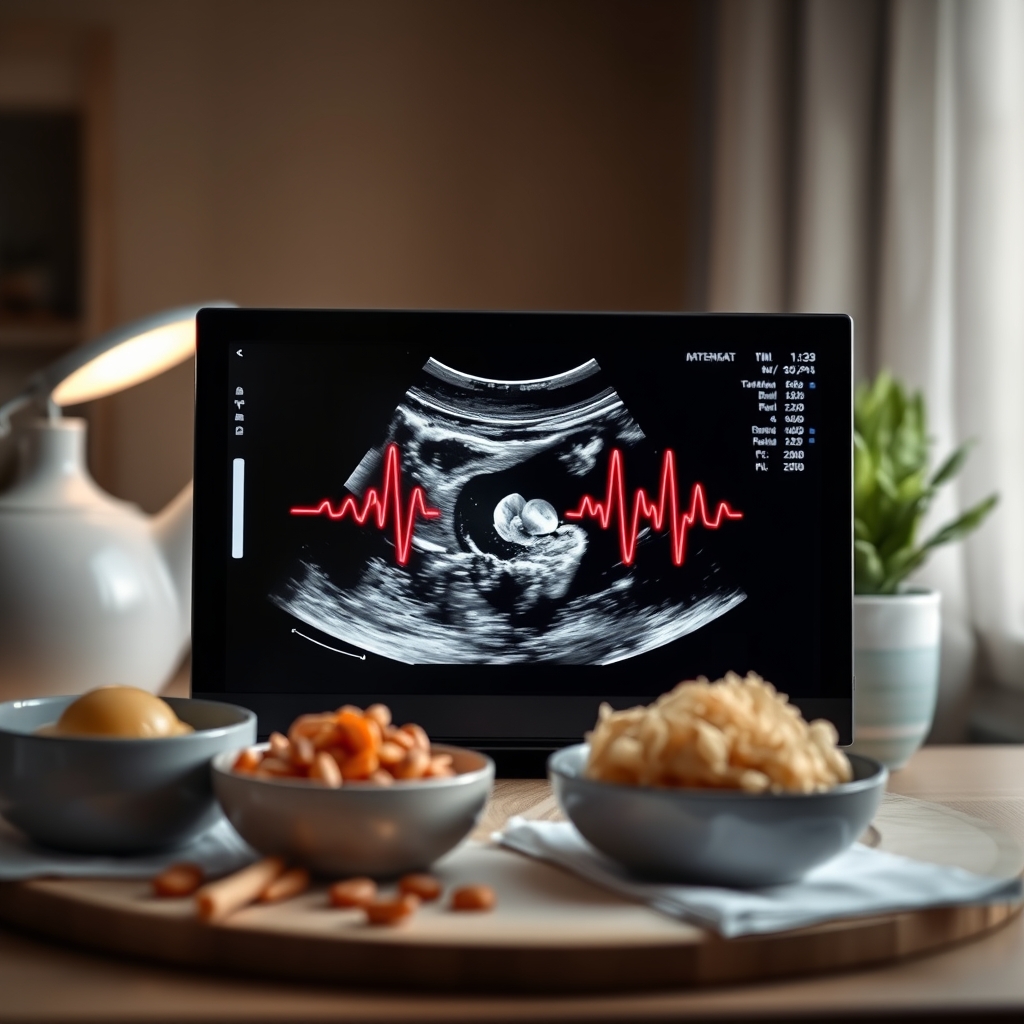 Close‑up ultrasound image showing a tiny 7‑week embryo with a visible heartbeat, displayed on a bright monitor in a calm clinic setting