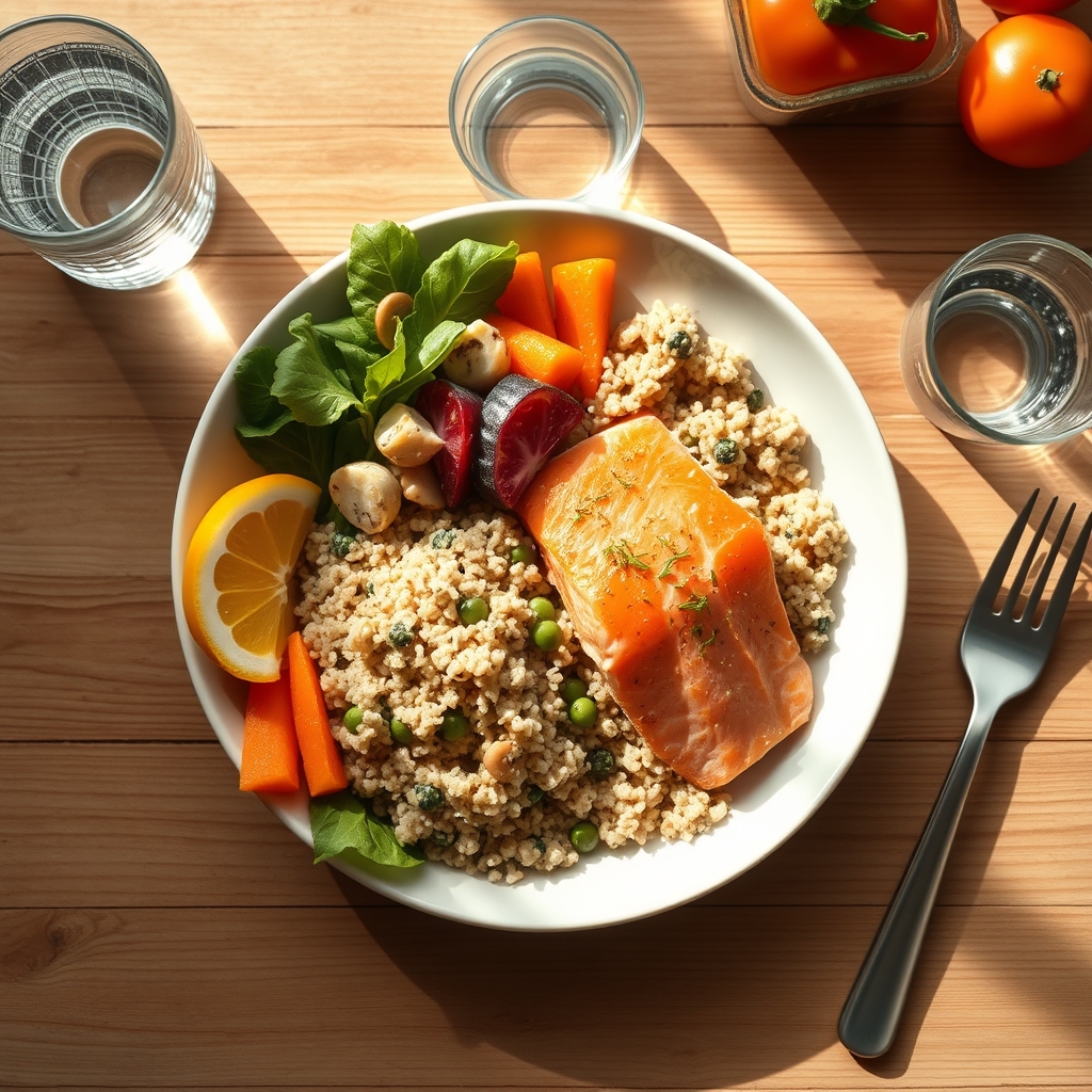 A colorful plate with grilled salmon, quinoa, roasted vegetables, and a glass of water, bright natural lighting on a wooden table