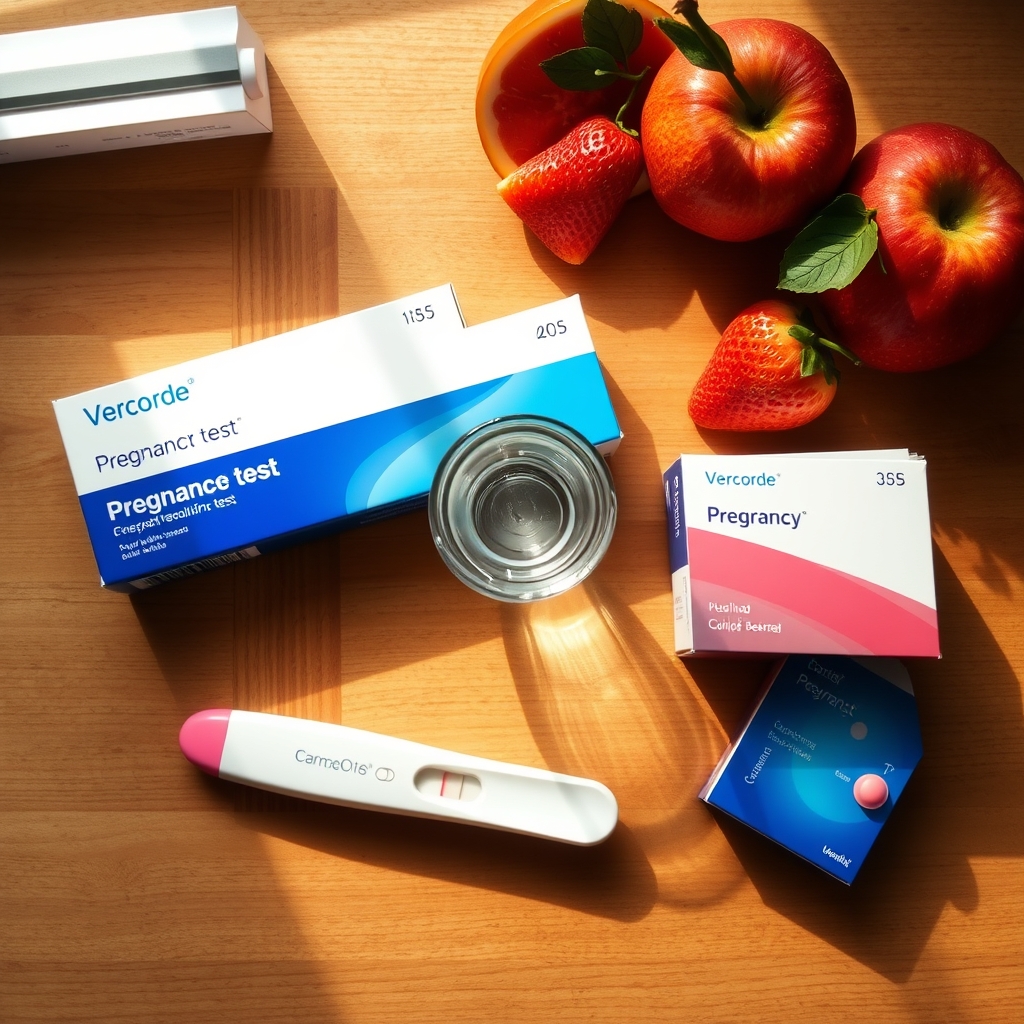 Bright kitchen counter with a selection of early‑detection pregnancy test boxes, a glass of water, and a small plate of fresh fruit, natural morning light