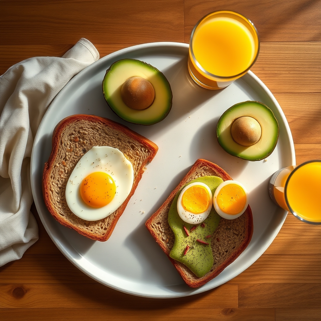 A cozy breakfast table with whole‑grain toast, sliced avocado, a soft boiled egg, and a glass of orange juice, natural morning light