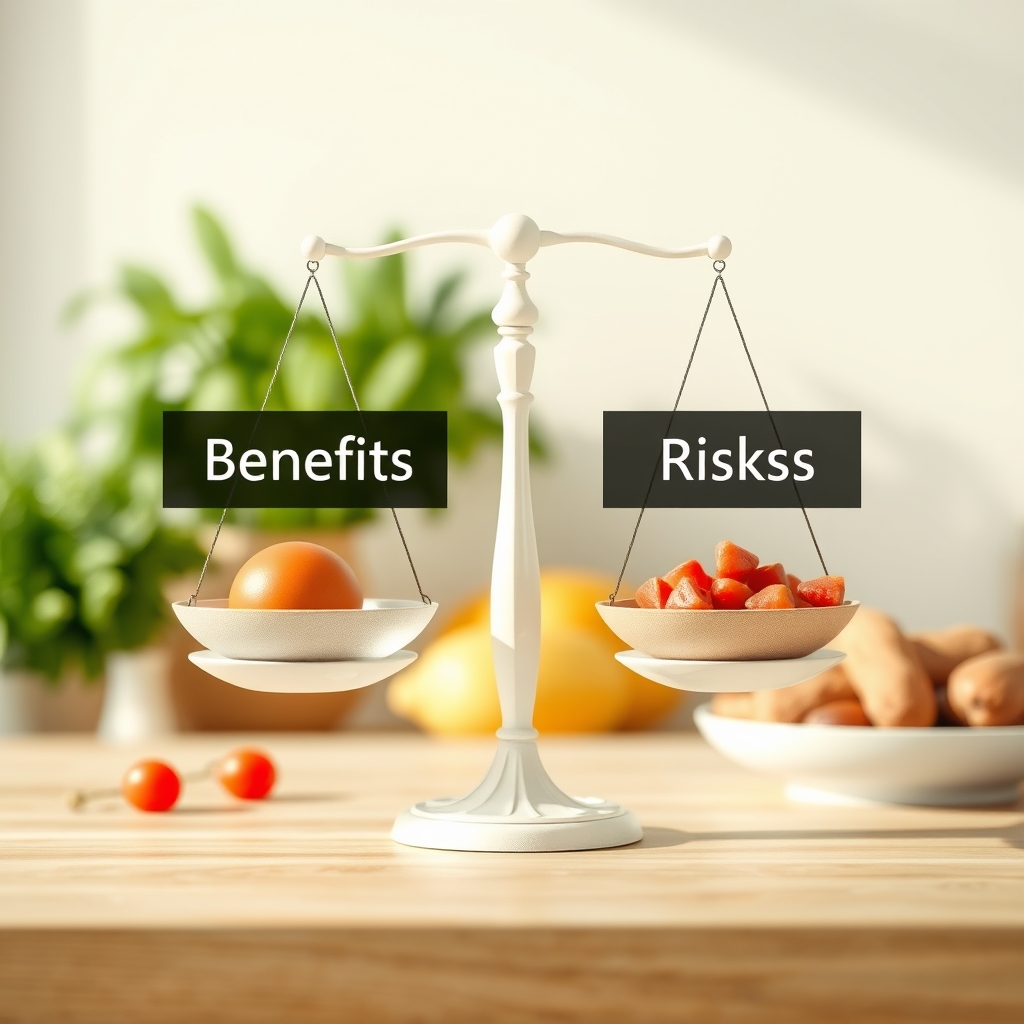 A stylized graphic showing a balanced scale with 'Benefits' on one side and 'Risks' on the other, representing medical decision-making
