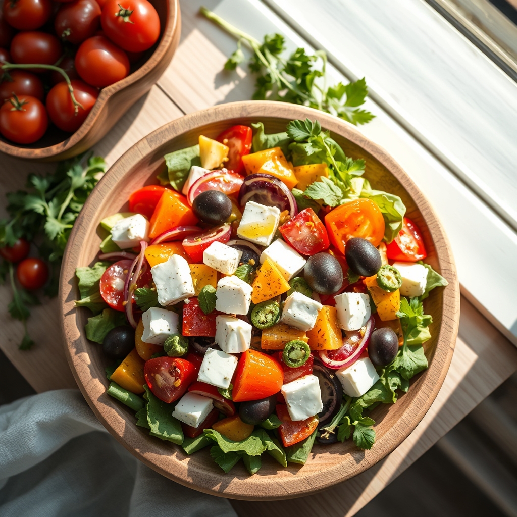 Fresh Mediterranean salad with tomatoes, olives, feta cheese, and a drizzle of olive oil on a rustic wooden plate