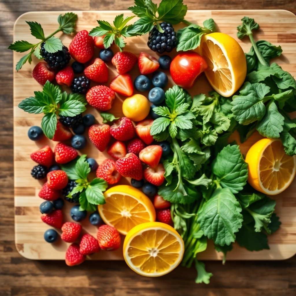 A variety of colorful fruits and vegetables arranged on a wooden cutting board, representing healthy pregnancy diet
