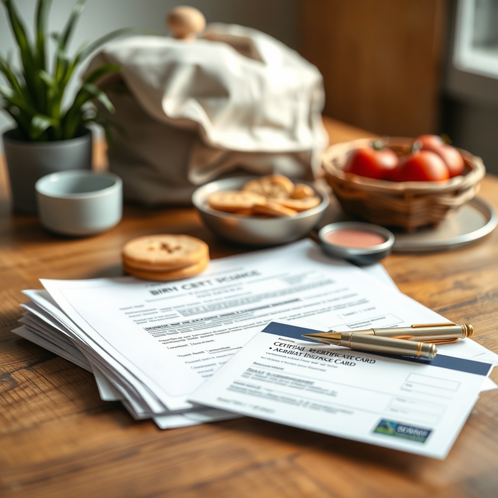 A stack of important documents including a birth certificate, social security card, and health insurance card, laid out on a table.