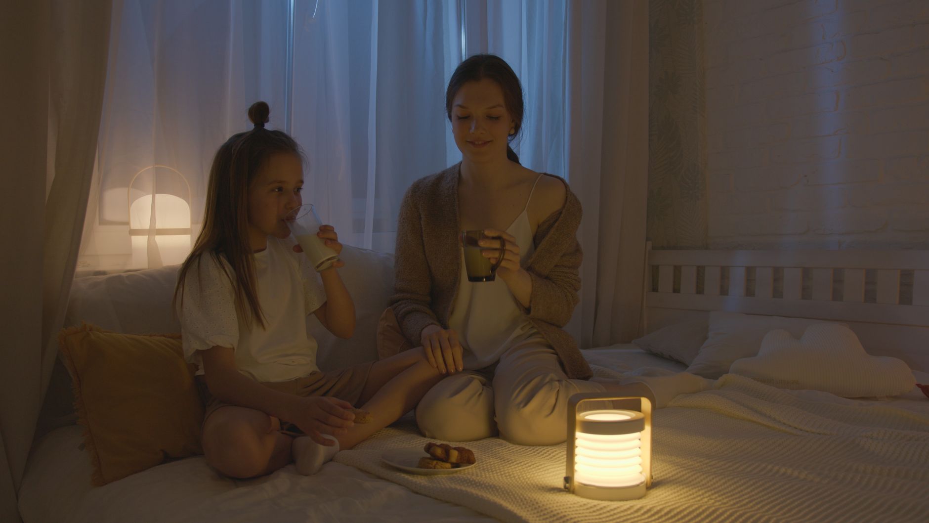 Toddler drinking almond milk before bedtime