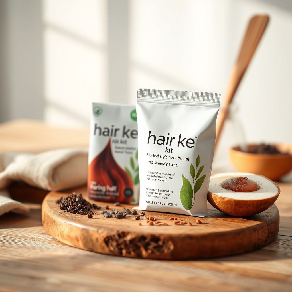 Close‑up of a natural‑color hair dye kit with wooden brush, soft lighting, eco‑friendly packaging, photorealistic