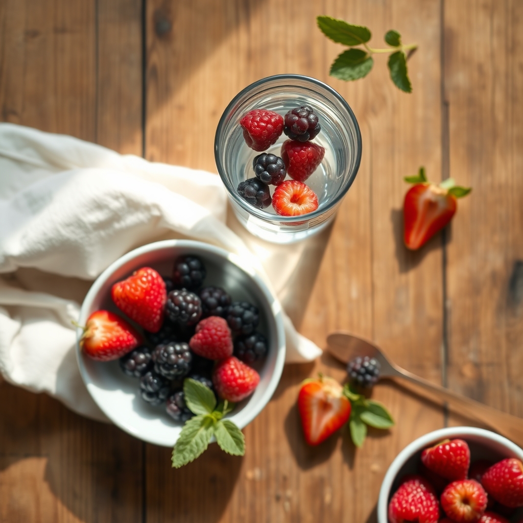Close‑up of a glass of water beside a bowl of fresh berries on a wooden table, bright morning light, emphasizing hydration