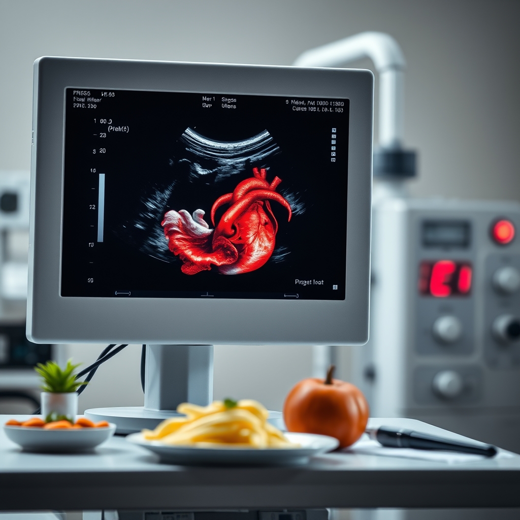 Close‑up of an ultrasound monitor displaying a clear four‑chamber view of a fetal heart, with bright red blood flow patterns and surrounding amniotic fluid, captured in a modern prenatal clinic