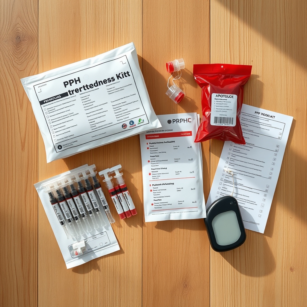 A neatly arranged postpartum hemorrhage kit on a wooden table, showing uterotonic vials, blood bags, a handheld hemoglobin meter, and a printed checklist