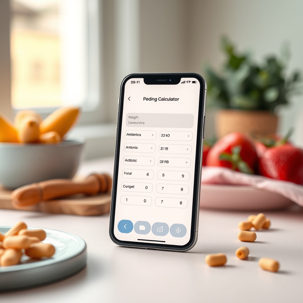 A smartphone screen displaying a pediatric medication dose calculator with fields for weight, antibiotic, and dosage, set on a soft pastel background