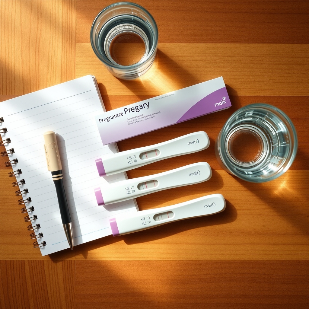 Flat‑lay of several pregnancy test kits, a glass of water, and a notebook on a wooden countertop with soft natural light, illustrating a calm morning testing routine