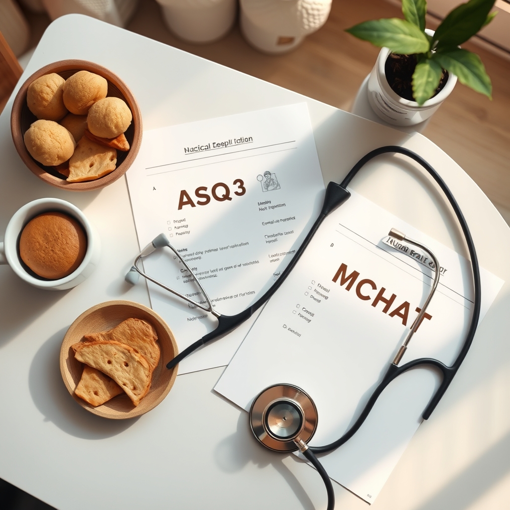 Close‑up of a pediatrician reviewing a printed ASQ‑3 and M‑CHAT report with a parent in a bright exam room