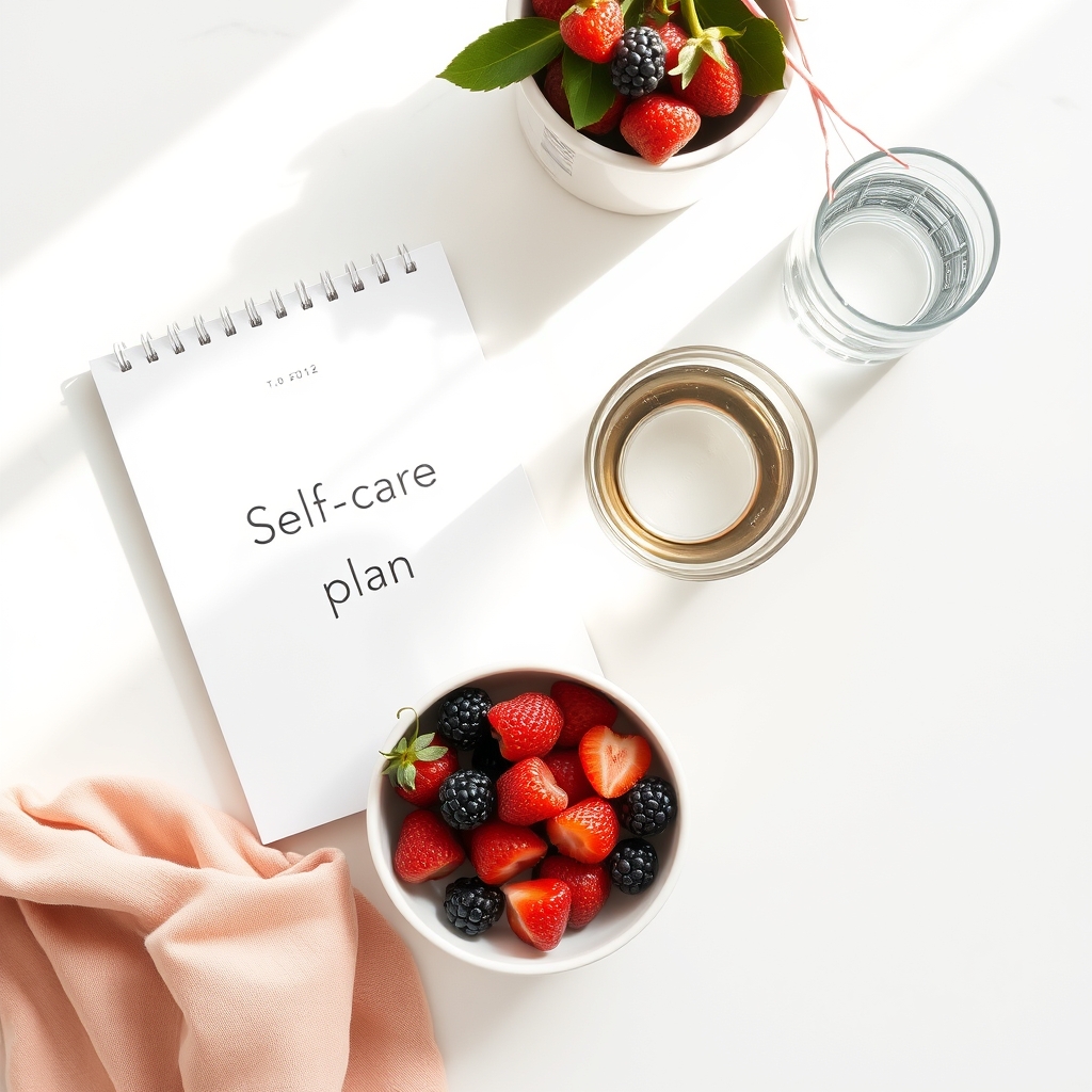 A bright kitchen counter with a bowl of fresh berries, a glass of water, and a notebook titled 'Self‑care plan', natural morning light, clean white marble, photorealistic